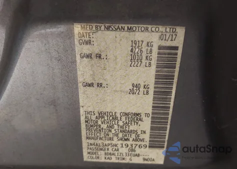 2017 Nissan Altima 2.5 Sv z USA, uszkodzony, nr VIN 1N4AL3AP5HC193769